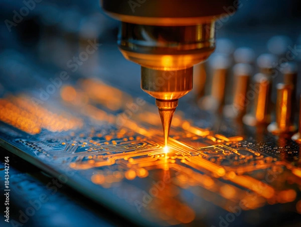 Fototapeta High precision industrial machine applying detailed soldering to a complex electronic circuit board with glowing orange highlights and focused lighting