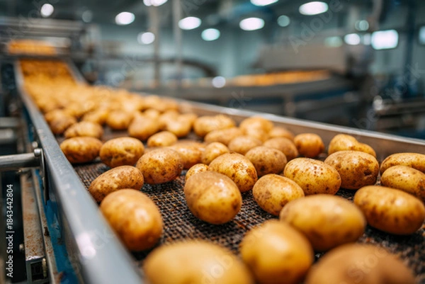Fototapeta Fresh whole potatoes moving on a conveyor belt in a modern food processing factory with industrial equipment in the background and soft lighting