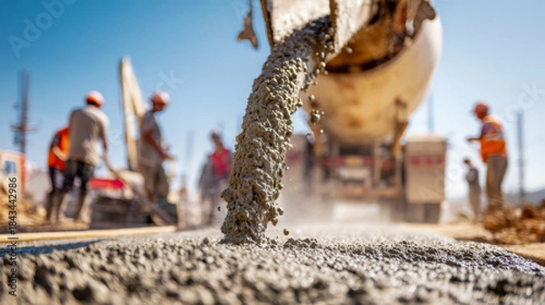 Fototapeta Fresh concrete being poured from a mixer truck onto a construction site with workers smoothing and preparing the surface under a clear blue sky during daytime