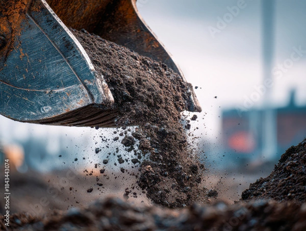 Fototapeta Excavator bucket unloading fresh soil on construction site with blurred industrial background during daylight hours for earthmoving works