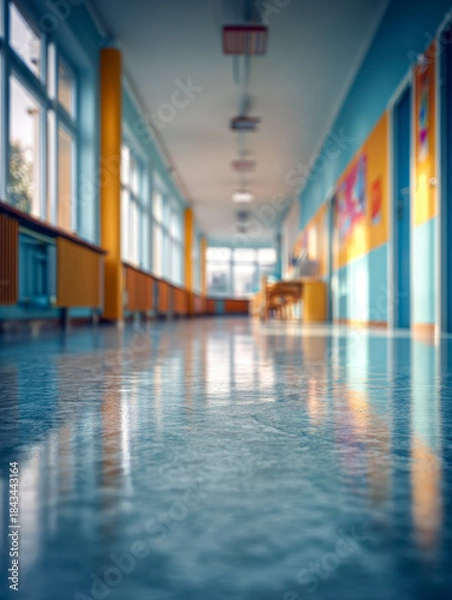 Fototapeta Bright school hallway with colorful walls, large windows letting in natural light, and shiny reflective flooring creating a welcoming educational environment
