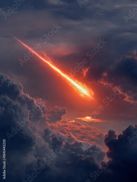 Fototapeta Fiery meteor streaking through dark stormy clouds during vibrant sunset creating dramatic sky and powerful cosmic spectacle above the horizon