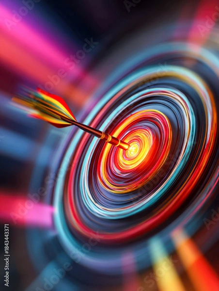 Fototapeta Vibrant dart hitting the bright bullseye center of a colorful spinning target symbolizing precision, focus, and achieving goals in a dynamic motion blur effect