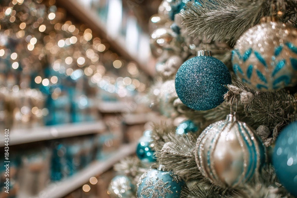 Fototapeta Sparkling blue and silver ornaments decorate a festive holiday tree with shimmering lights creating a warm and cheerful seasonal ambiance in a cozy setting