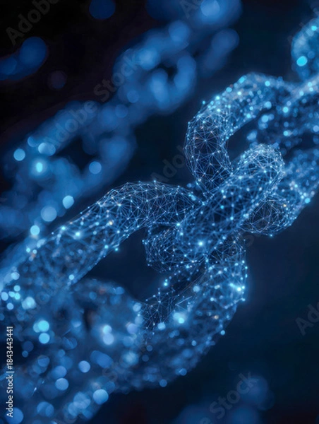 Fototapeta Digital 3d rendering of a futuristic blue glowing interconnected chain symbolizing blockchain technology and secure data networks in cyberspace environment