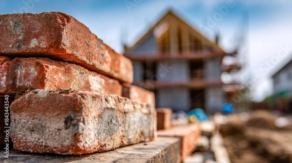 Fototapeta Stacked red bricks in the foreground with a blurred view of a house under construction and scaffolding on a sunny day at a building site