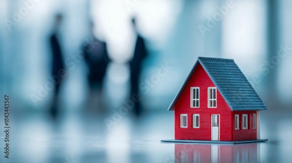 Fototapeta Small red house model in sharp focus on a reflective surface with blurred corporate professionals in background symbolizing real estate and property investment conce