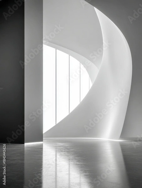 Fototapeta Minimalist modern interior featuring smooth curved wall and large vertical windows with natural light reflecting on polished floor surface creating elegant ambiance