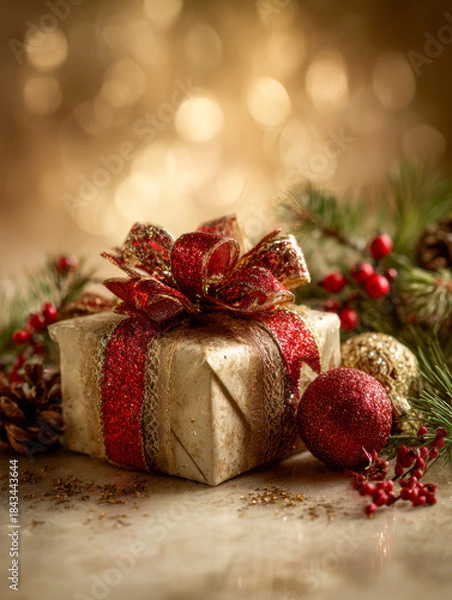 Fototapeta Festive wrapped gift with glittering red and gold ribbons surrounded by holiday ornaments, pine needles, cones, and red berries on a warm glowing background