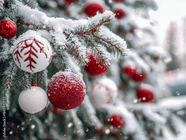 Fototapeta Snow-covered pine tree branches decorated with festive red and white baubles during a gentle winter snowfall creating a cozy holiday atmosphere