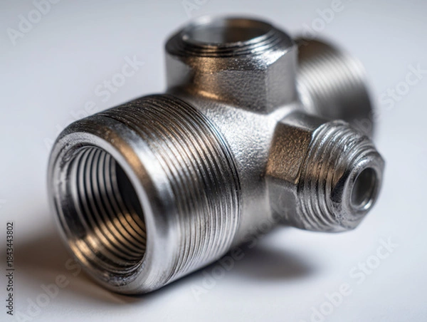 Fototapeta Macro shot of a shiny metallic pipe fitting with multiple threaded openings designed for joining plumbing or hydraulic system components together securely