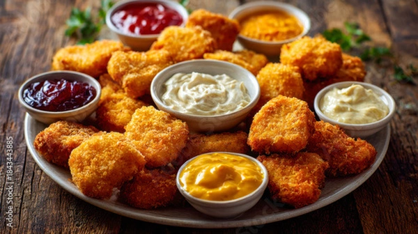 Fototapeta A large platter of golden crispy breaded chicken nuggets surrounded by bowls of creamy and tangy dipping sauces on a rustic wooden surface