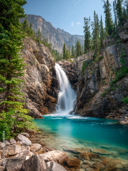 Fototapeta Serene mountain waterfall cascading into a crystal clear turquoise pool surrounded by rocky cliffs and lush evergreen trees under a bright blue sky