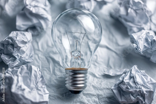 Fototapeta Clear incandescent light bulb placed among crumpled paper balls symbolizing creativity and innovation within a conceptual workspace setting