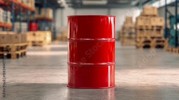 Fototapeta Bright red industrial metal drum standing on a concrete floor inside a spacious warehouse filled with stacked wooden pallets and cardboard boxes in the background