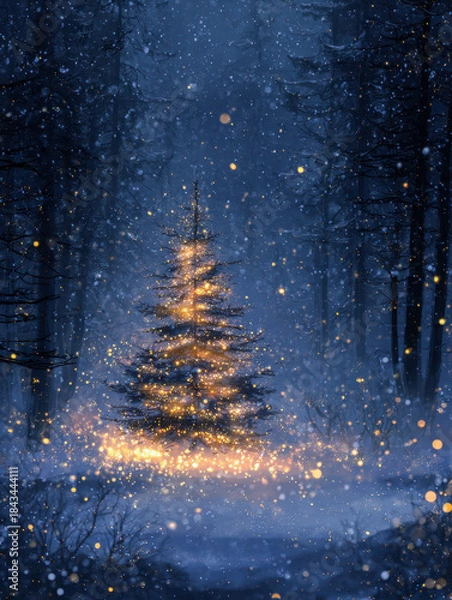 Fototapeta Enchanting forest pine tree glowing with golden fairy lights surrounded by softly falling snow in a magical winter night scene full of warmth and mystery