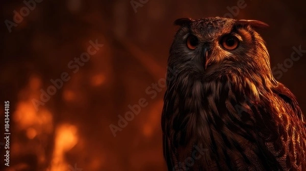 Fototapeta Majestic owl illuminated by fiery warm light in a dark forest setting