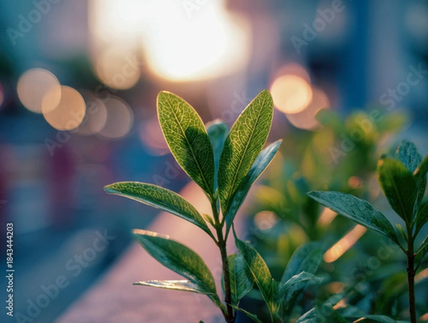 Fototapeta A vibrant green plant with detailed veins illuminated by golden sunlight with a softly blurred urban background creating a peaceful fresh atmosphere