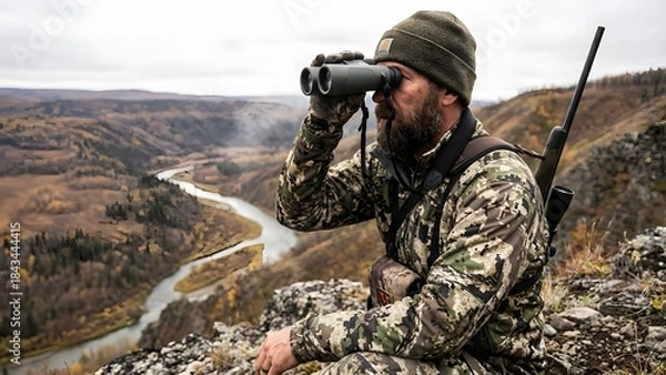 Fototapeta Hunter Using Binoculars in Mountainous Terrain.