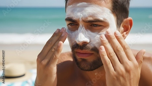 Fototapeta Young Man Applying Sunblock Cream on Face at Beach.