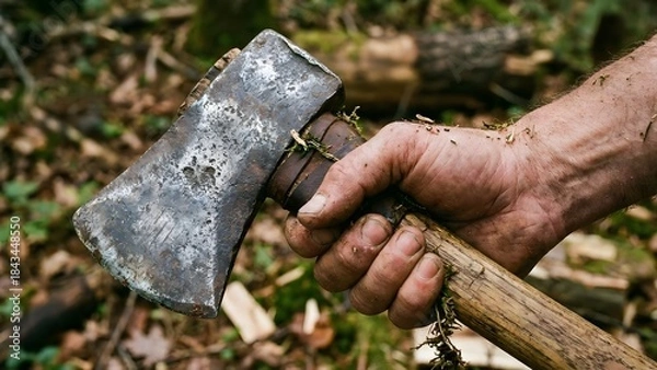 Fototapeta Close-up of Hand Holding Axe in Forest.