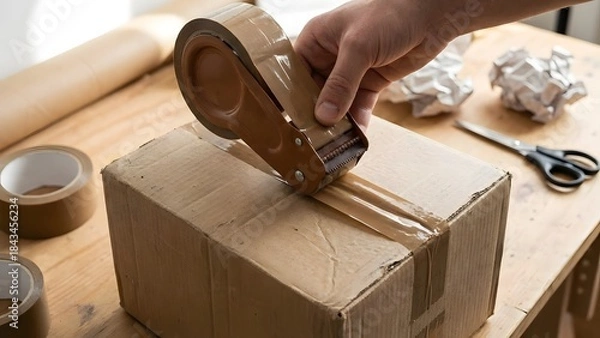 Fototapeta Person Sealing Cardboard Box with Tape on Workbench.
