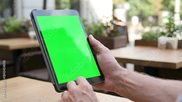 Obraz Person Using Tablet with Green Screen in Indoor Setting.