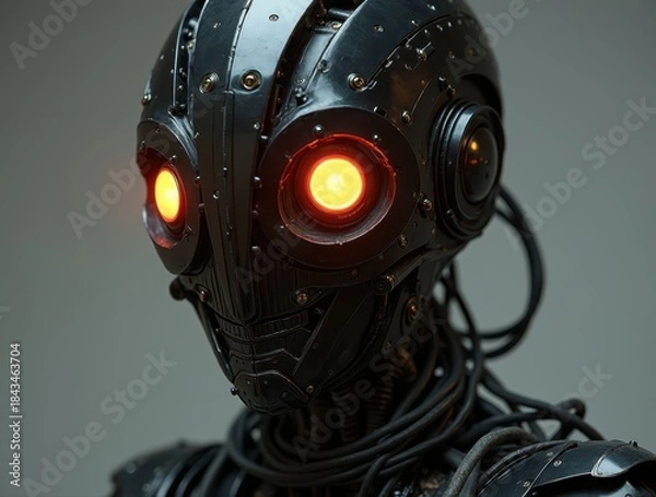 Fototapeta Dark robot head with glowing red eyes thinking