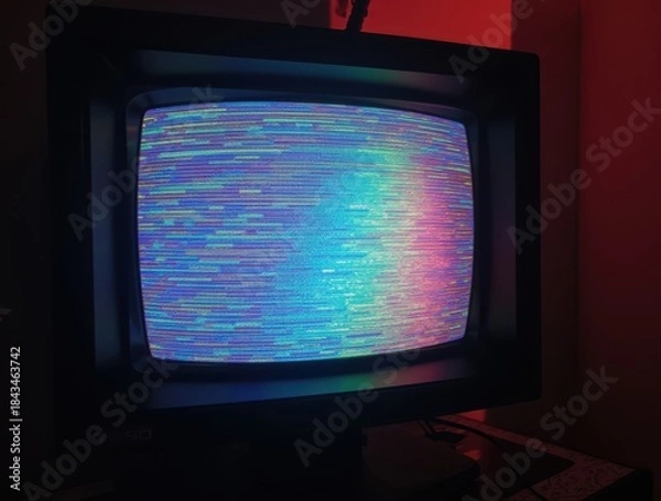 Fototapeta Vintage CRT television screen showing colorful glitch static