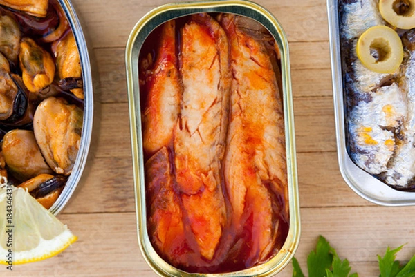 Obraz Three different opened cans of preserved