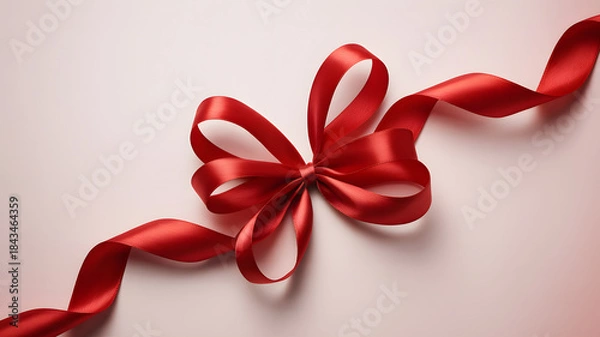 Fototapeta Red ribbon bow isolated on soft light background for decoration
