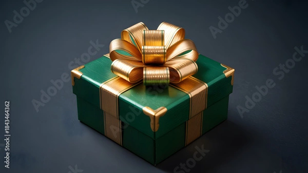 Fototapeta Green gift box with golden bow isolated on dark background
