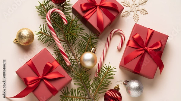 Fototapeta Christmas flat lay with red gifts candy cane and festive ornaments
