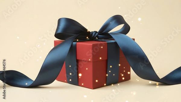 Fototapeta Red gift box with black ribbon on soft festive background
