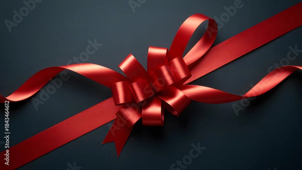 Fototapeta Red ribbon bow isolated on dark background for festive decoration
