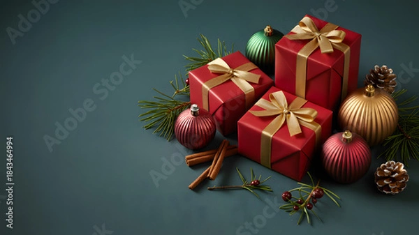 Fototapeta Red christmas gift boxes with golden ornaments and pine branches
