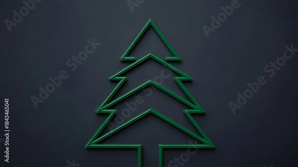 Fototapeta Minimal green neon christmas tree outline on dark background
