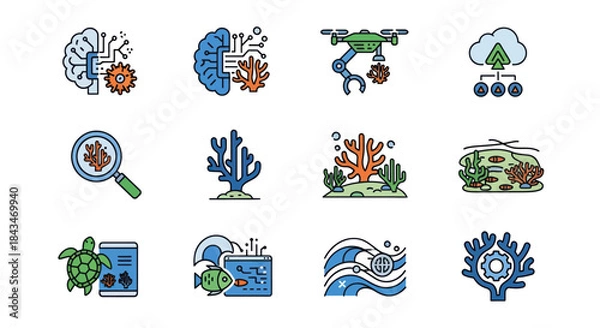 Obraz Colorful Vector Icons Representing Technology, Nature, and Science Concepts.