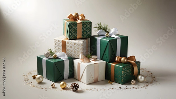 Fototapeta Stacked green and white gift boxes with golden bows on soft background
