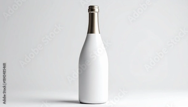 Fototapeta “Matte white champagne-style bottle with silver foil top on white background”