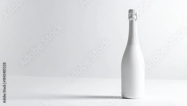 Fototapeta “Matte white champagne-style bottle with silver foil top on white background”
