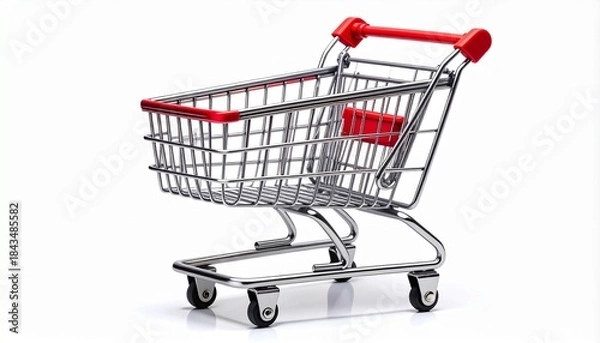 Fototapeta “Empty metal shopping cart with red handle on white background”