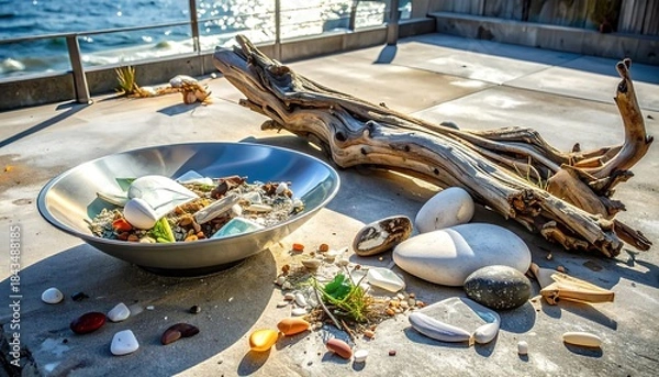 Fototapeta Sea Pollution on Beach with Trash and Driftwood.