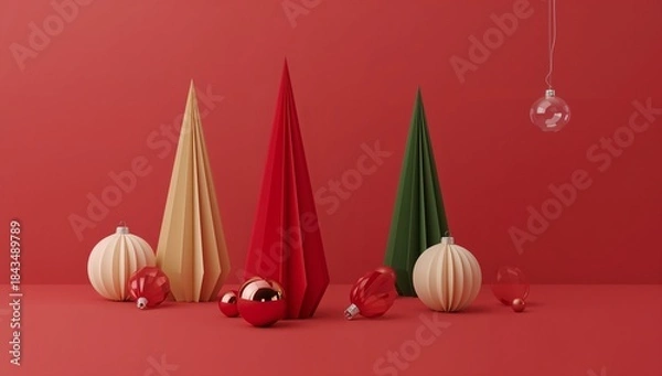 Fototapeta Minimalistic holiday-themed digital illustration set against a bold red background. Include three cone-shaped paper trees. Surround the trees with Christmas ornaments.