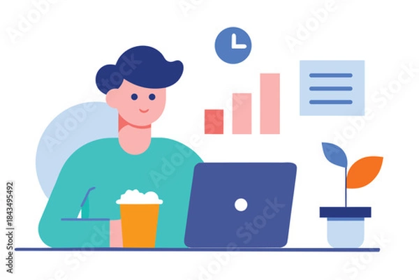 Fototapeta Man Analyzing Data on Laptop Flat Vector Design