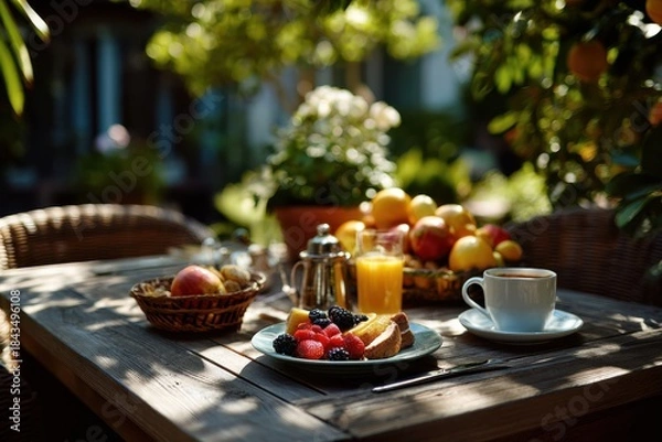 Obraz Outdoor breakfast setup with fruit coffee and natural light