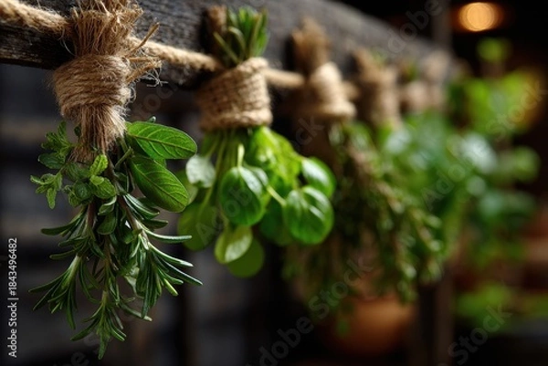 Obraz Herbs hanging from string in rustic style stock images