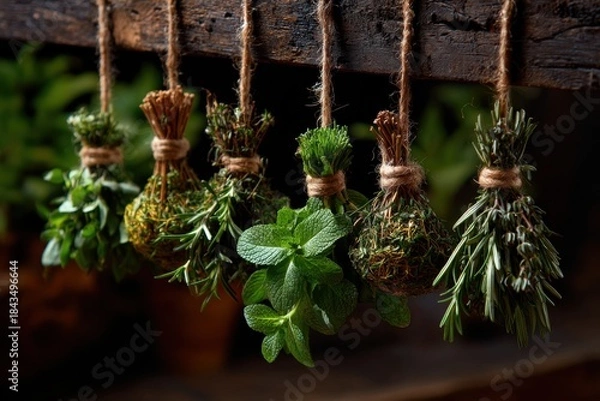 Obraz Herbs hanging from string in rustic style stock images