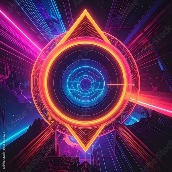 Fototapeta Neon Geometric Shape with Laser Beams and Futuristic Background.