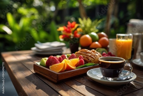 Obraz Outdoor breakfast setup with fruit coffee and natural light